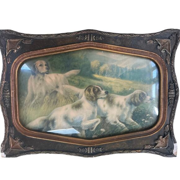 Hunting Birding Dogs Print in Antique Convex Frame Sporting Art - Picture 1 of 16